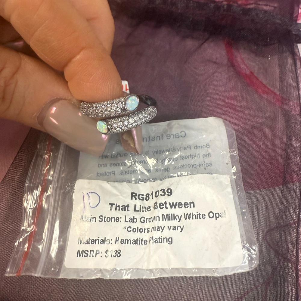 Hematite Plated Opal and Crystal Women's Ring